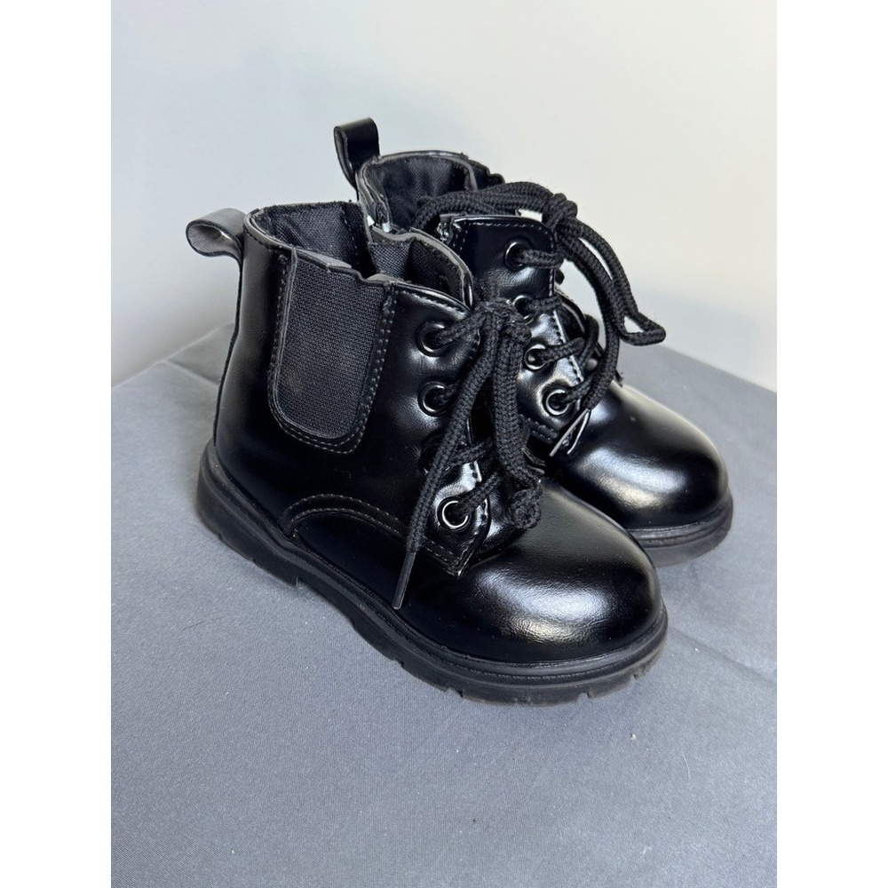 Comfy Kids Black Faux Leather Lace Up Side Zip Combat Boots Size 21 EU